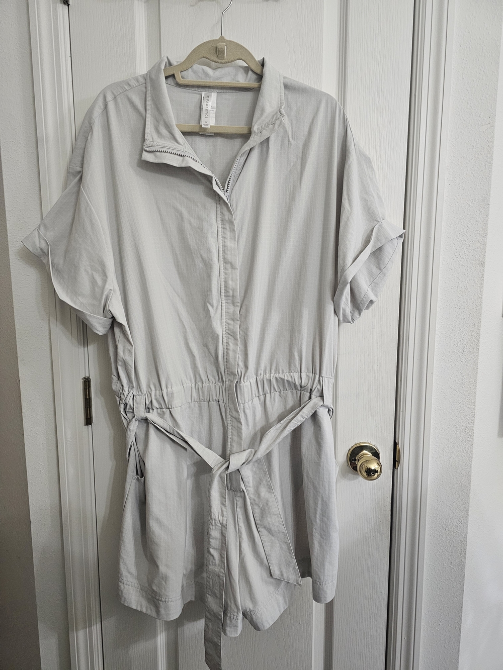 Fabletics Light Gray Short-Sleeve Utility Tunic Romper with Tie Waist
